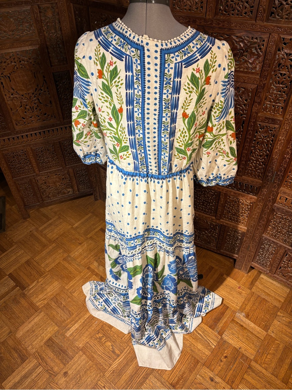 FARM Rio Maxi Dress Cream with Blue Floral and Parrot Motif - Picture 5 of 11